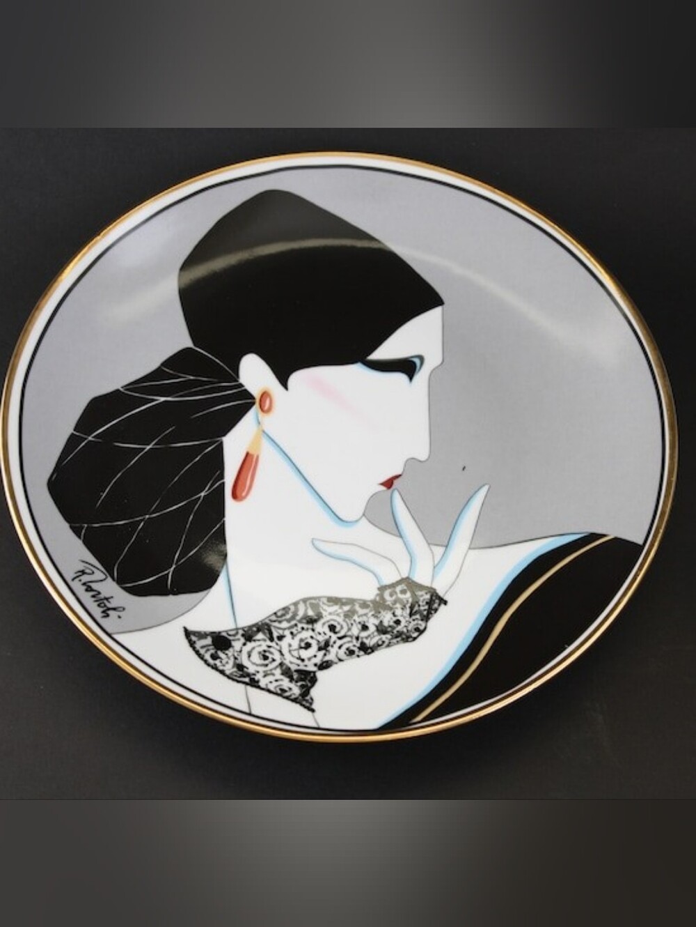 Vintage Robert Tortoli Art Deco Plate, 1980s Signed Wall Decor
